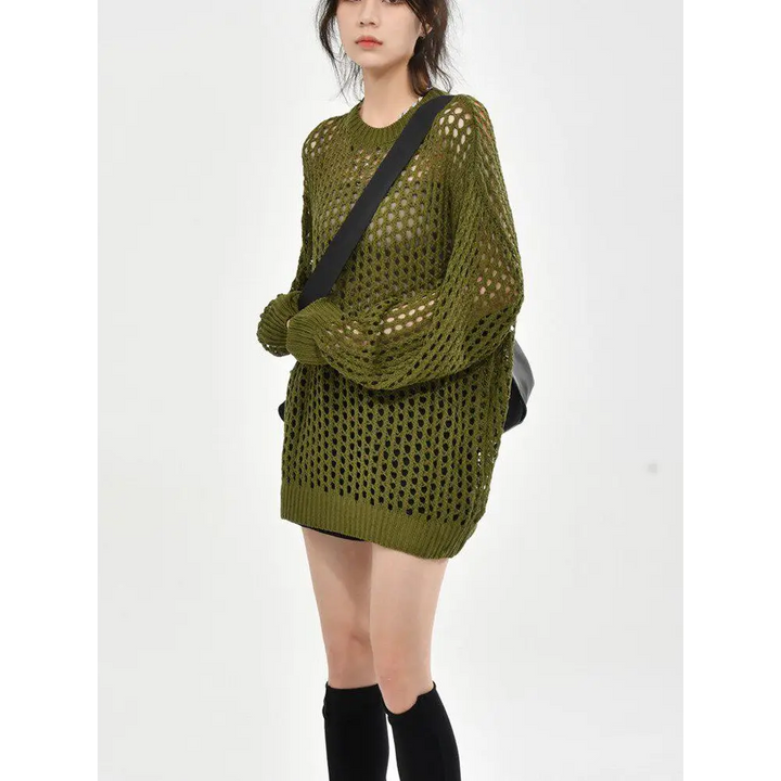 Crochet knit sweater embracing grunge aesthetic and comfort - green / m