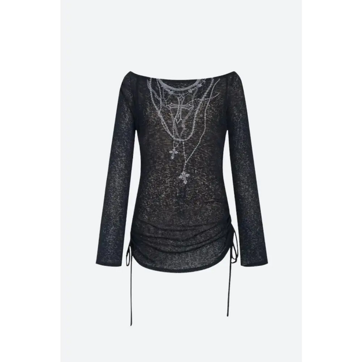 Grunge cross necklace designed top with sheer fabric and adjustable ties