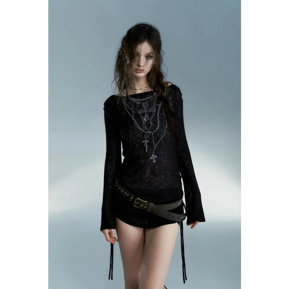 Grunge cross necklace designed top with sheer fabric and adjustable ties