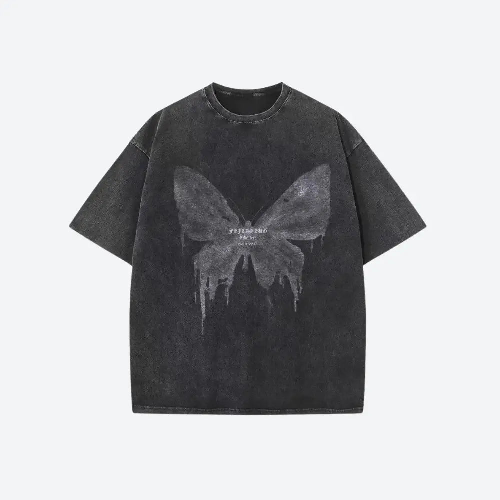 Unique butterfly print tee in distressed fabric for y2k style - black / s