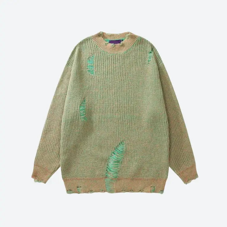 Unisex grunge sweater with ripped details for y2k streetwear - green / s