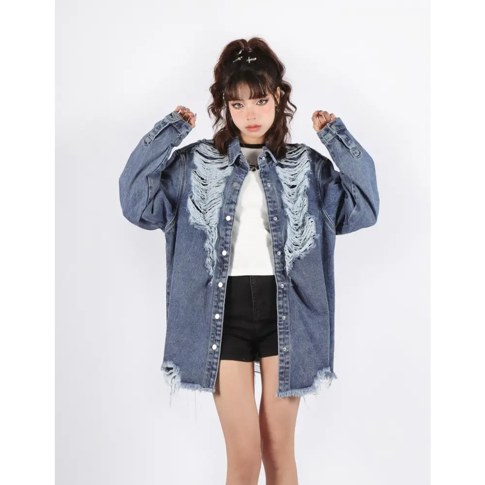 Distressed long denim jacket for a versatile grungy look - blue / m