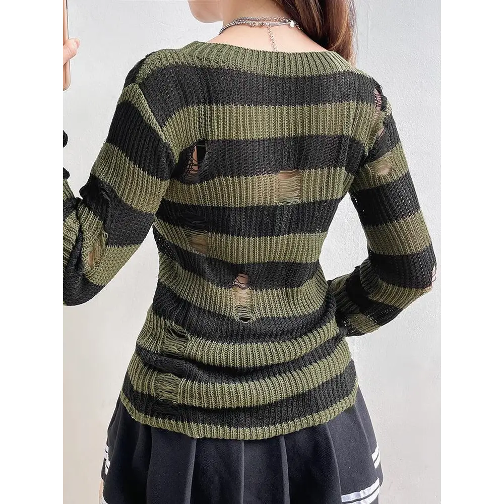 Green distressed knit sweater with black stripes for a grunge aesthetic