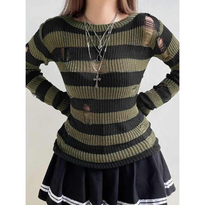 Green distressed knit sweater with black stripes for a grunge aesthetic