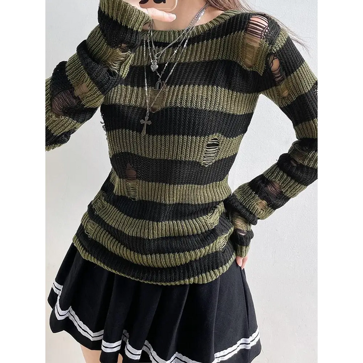 Green distressed knit sweater with black stripes for a grunge aesthetic