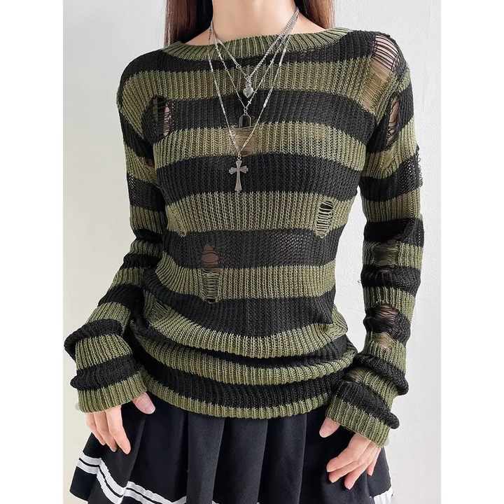 Green distressed knit sweater with black stripes for a grunge aesthetic - s