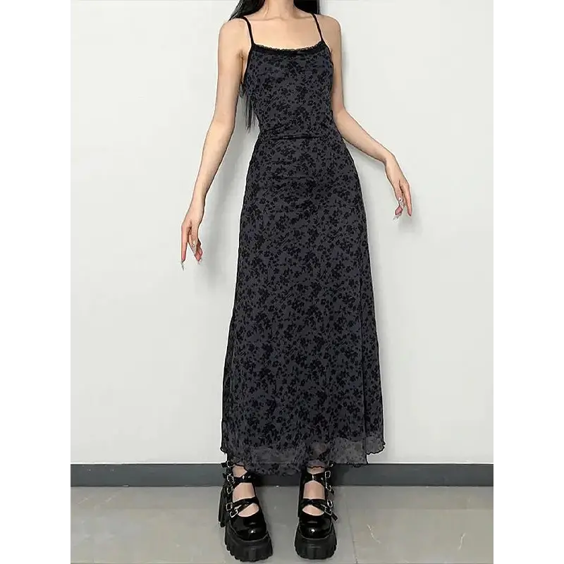 Grunge floral print mesh midi dress - black / s