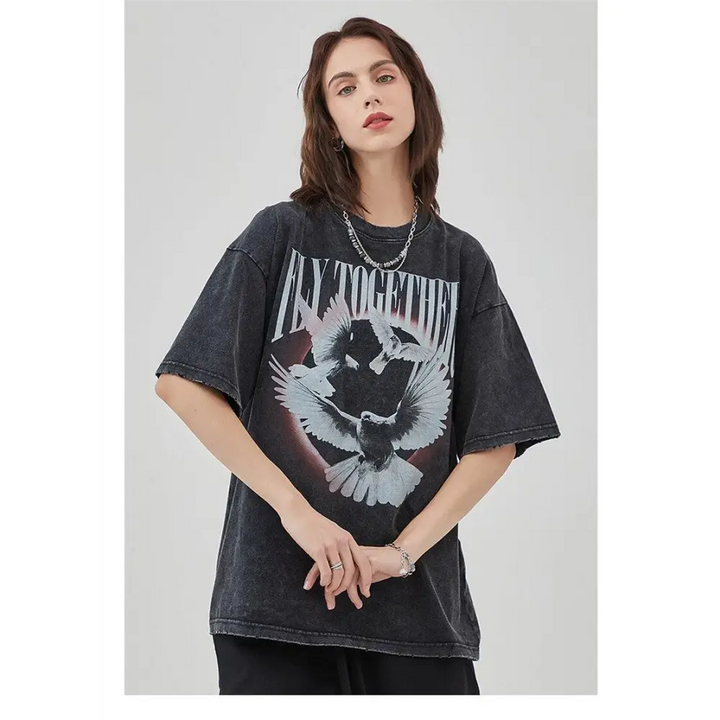 Unisex flying birds digital print tee in grunge aesthetic