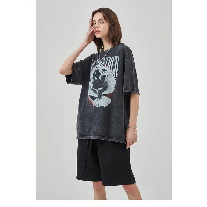 Unisex flying birds digital print tee in grunge aesthetic