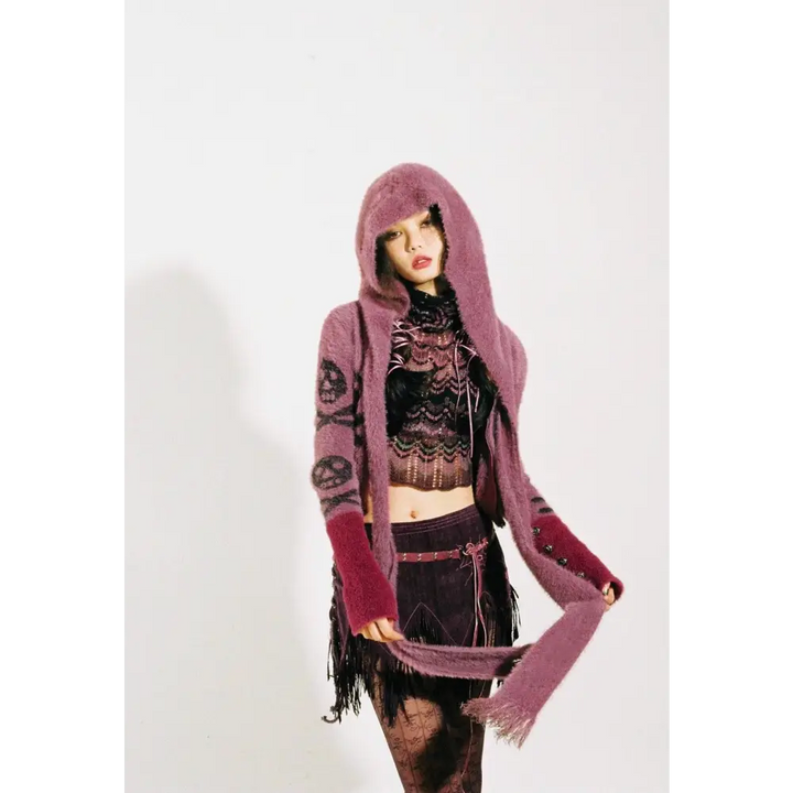 Y2k cropped cardigan jacket with embroidered skull design - purple / s