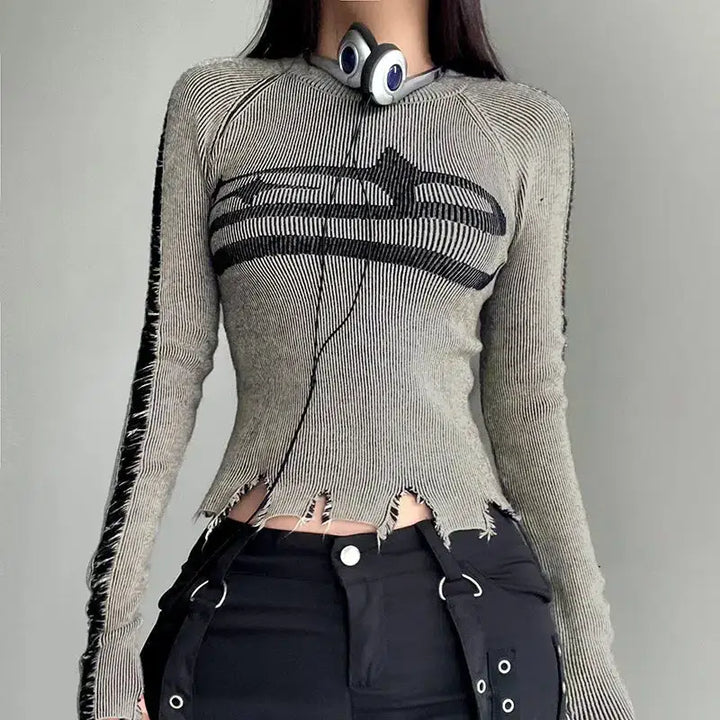 Long sleeve top with graphic print and distressed details in grunge aesthetic - gray / s