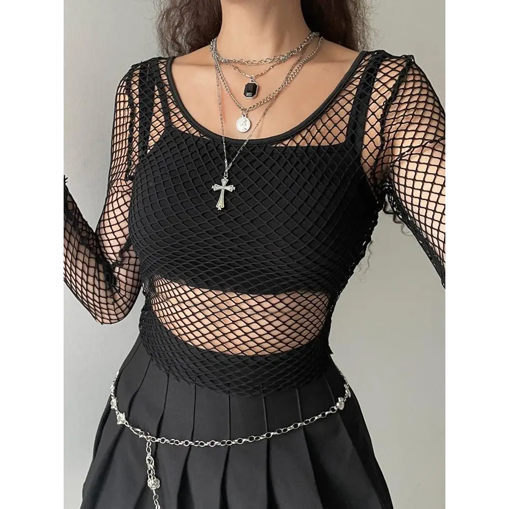 Grunge long sleeve fishnet top - black / s