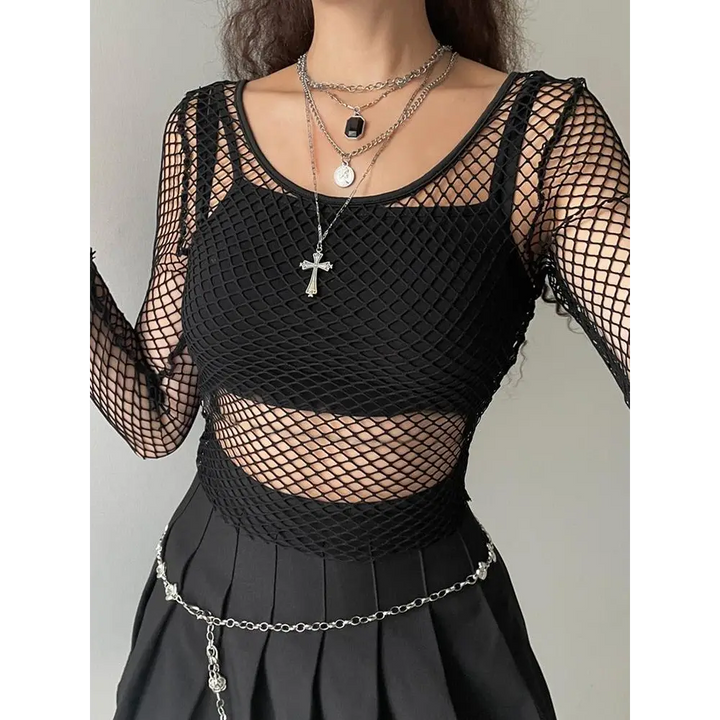 Grunge long sleeve fishnet top - black / s