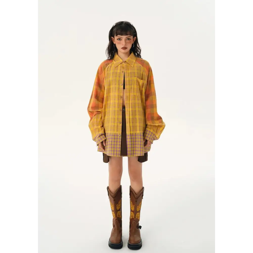 Multi pattern plaid shirt for a grunge aesthetic casual look - orange / s