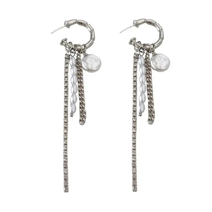 Grunge pearl chain tassel earrings - standart / silver - earrings