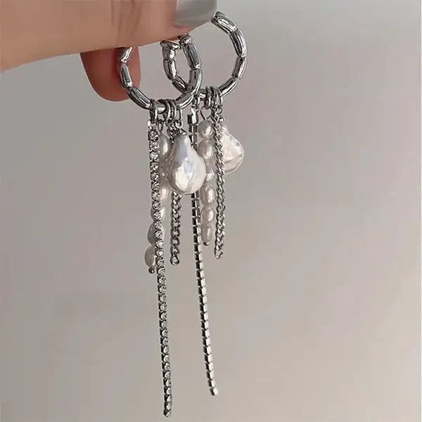 Grunge pearl chain tassel earrings - standart / silver - earrings