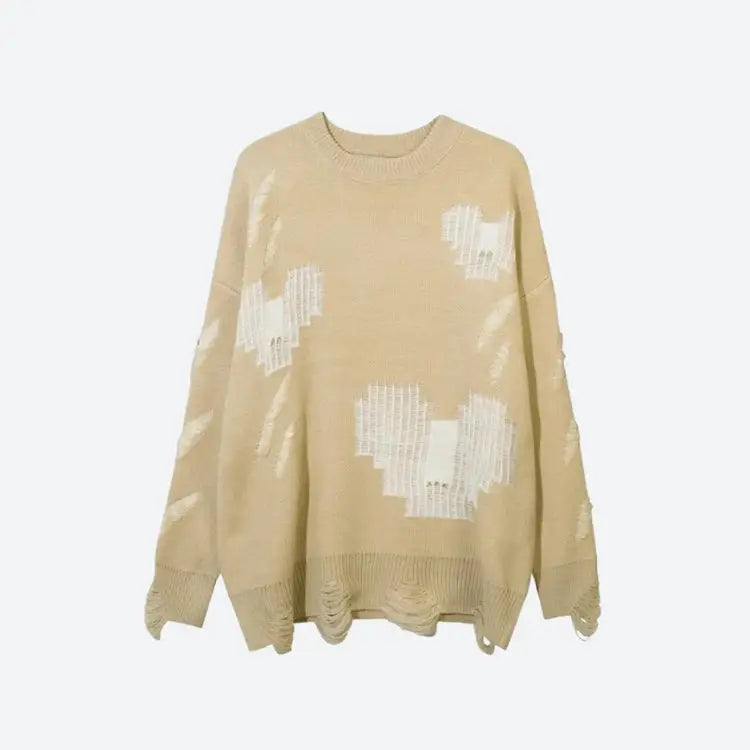 Grunge sweater with distressed details and contrast color heart patterns - beige / s