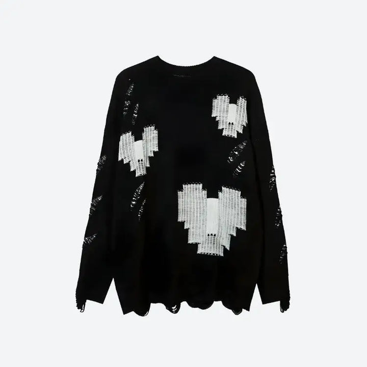 Grunge sweater with distressed details and contrast color heart patterns - black / s