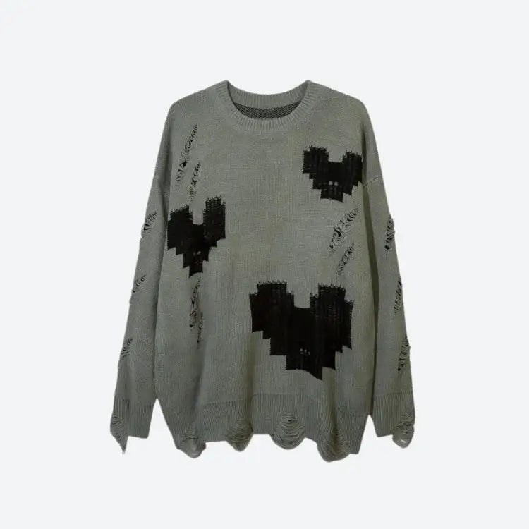 Grunge sweater with distressed details and contrast color heart patterns - gray / s