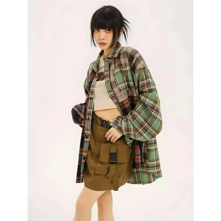 Grunge multi-pattern plaid shirt for edgy y2k style