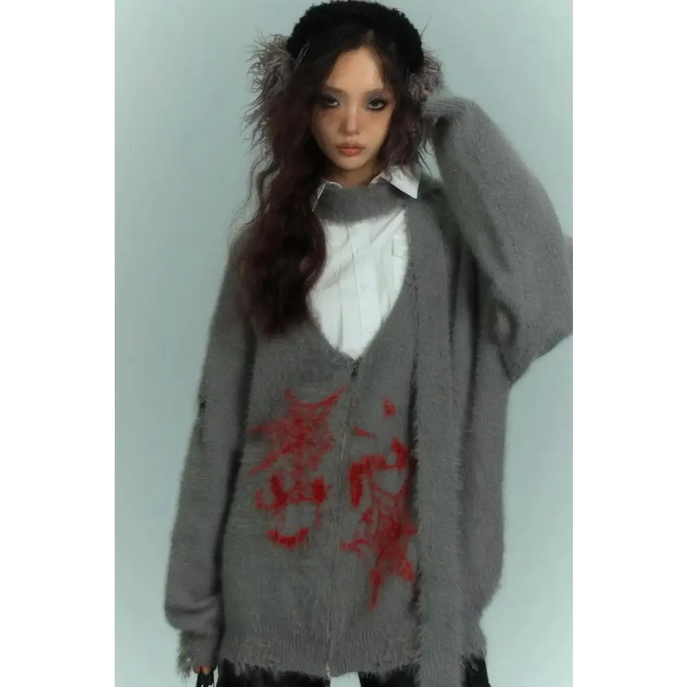 Fluffy cardigan with soft touch knit and red print details - gray / s