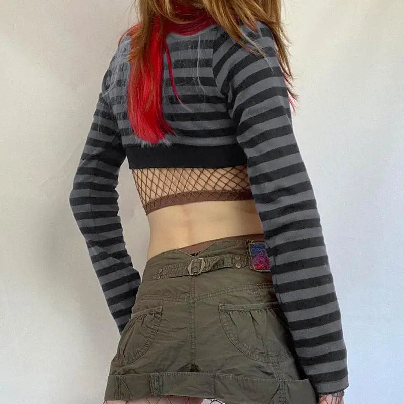 Striped button-up crop top for a grunge aesthetic look