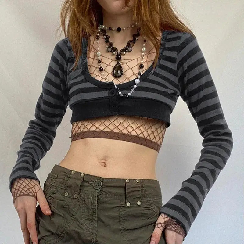 Striped button-up crop top for a grunge aesthetic look - gray / s