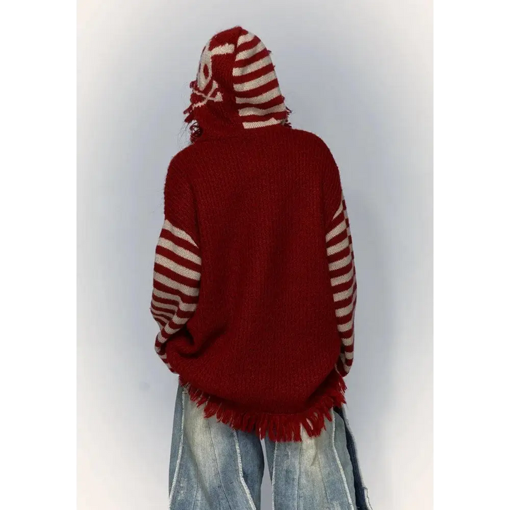 Grunge tasseled hooded sweater with unique skeleton texture