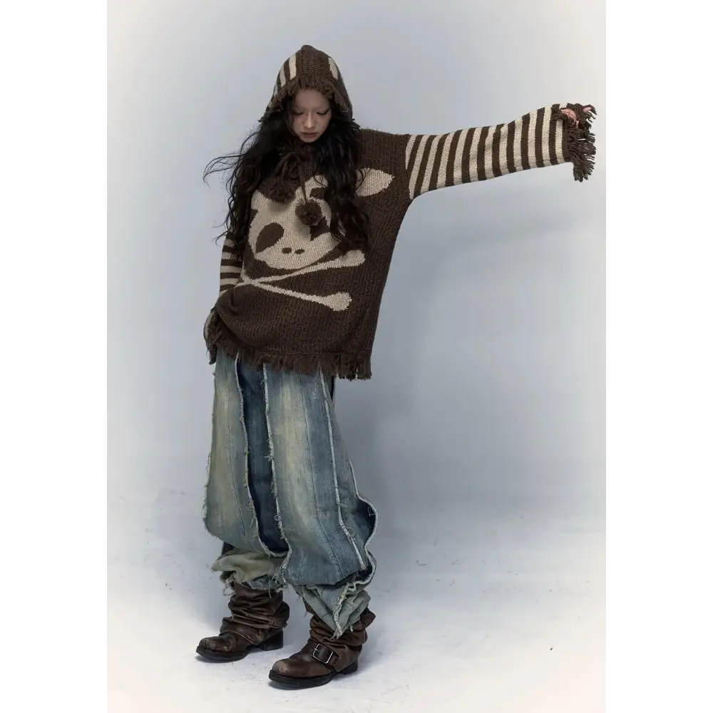 Grunge tasseled hooded sweater - brown / s