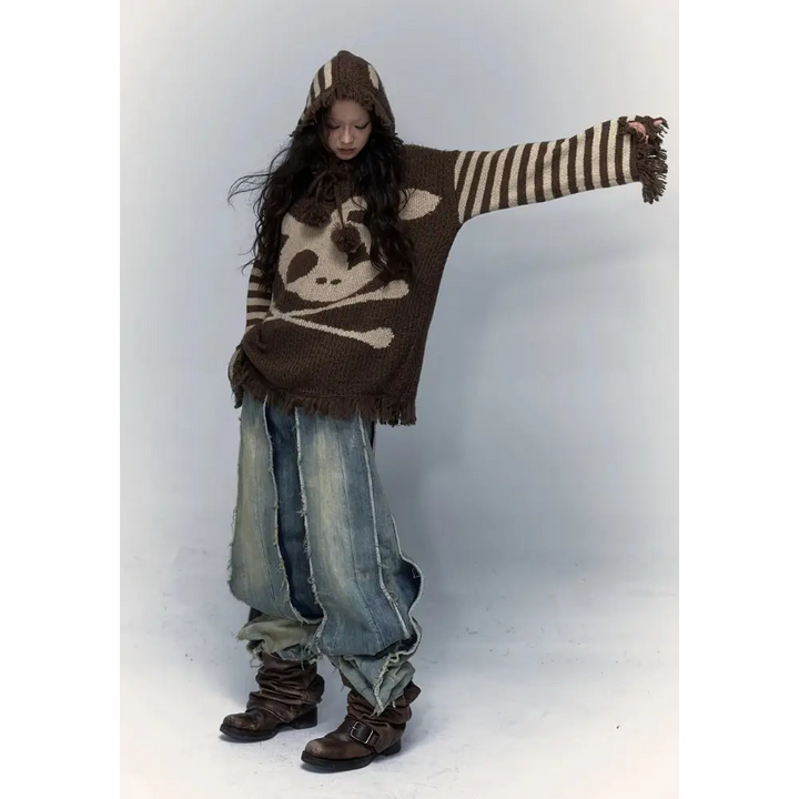 Grunge tasseled hooded sweater with unique skeleton texture - brown / s