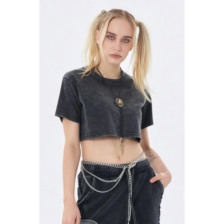 Washed crop top with crew neck for grunge aesthetic styles - black / s