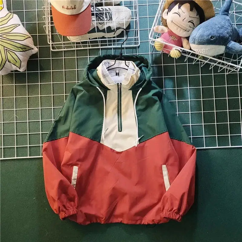 Half zipper windbreaker hooded jacket y2k - green / s - jackets