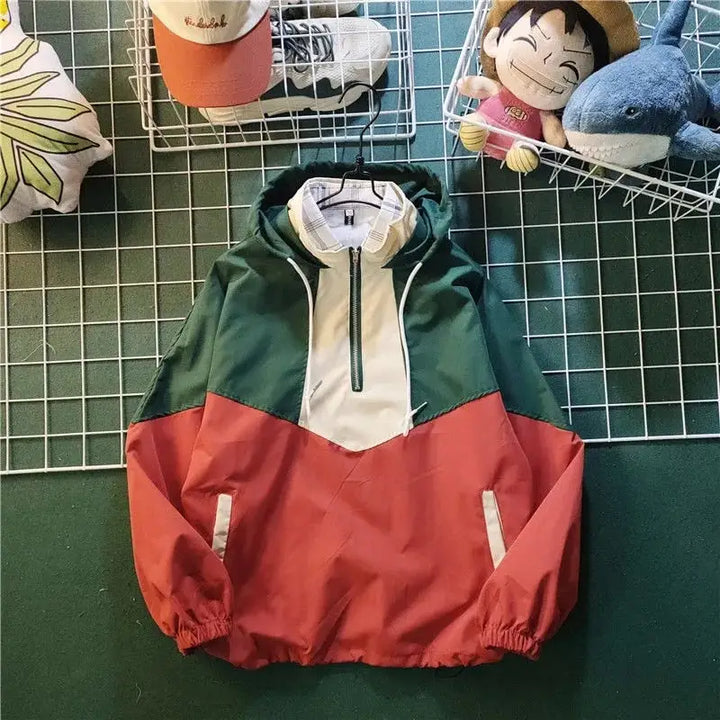 Half zipper windbreaker hooded jacket y2k - green / s - jackets