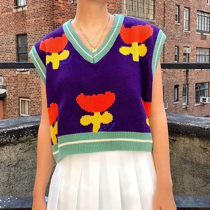 Happy flower knit vest - free size / purple - sweaters