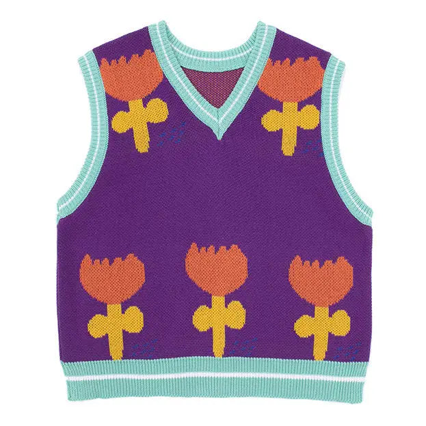 Happy flower knit vest - free size / purple - sweaters