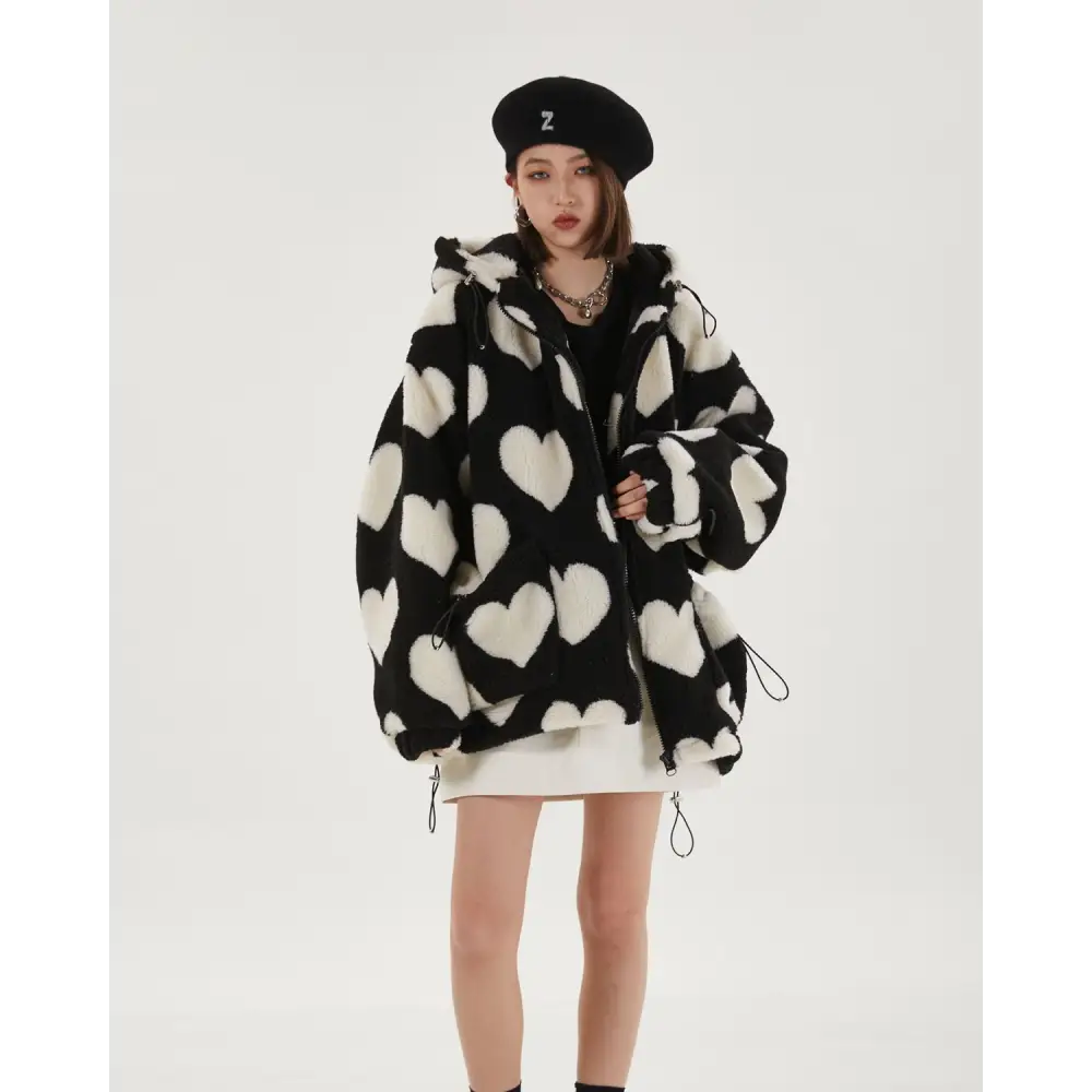 Heart pattern hooded jacket - black / s