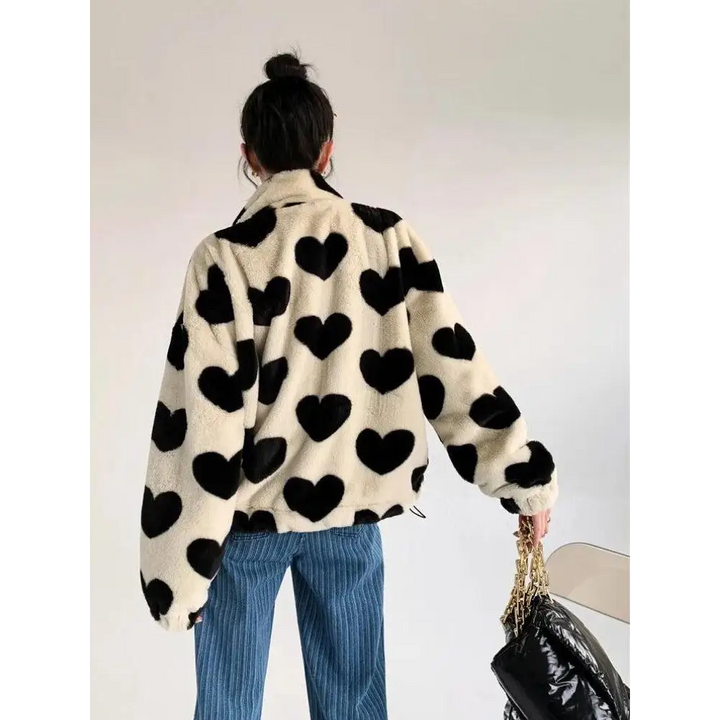 Heart patterned teddy jacket in soft faux fur y2k style