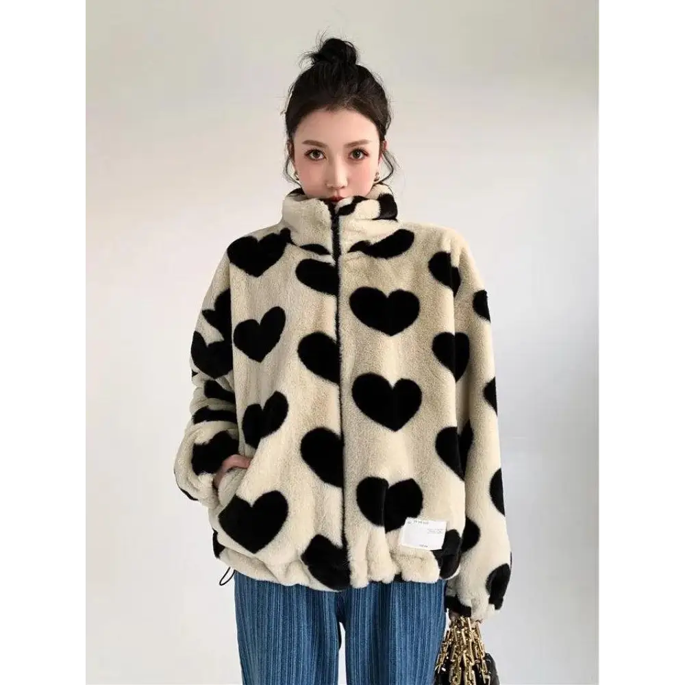 Heart patterned teddy jacket in soft faux fur y2k style - s