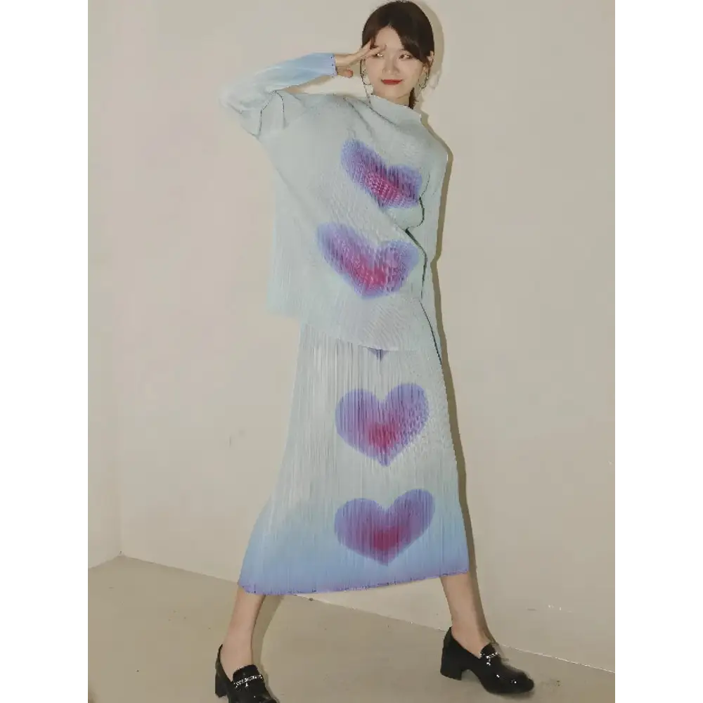 Whimsical y2k midi skirt with pastel hues and heart motifs - light blue / top / one size - two piece sets