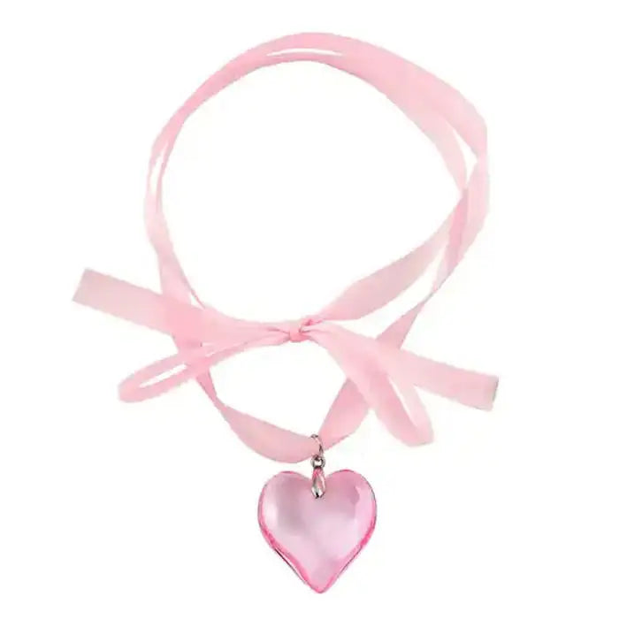 Heart satin ribbon necklace - standart / pink