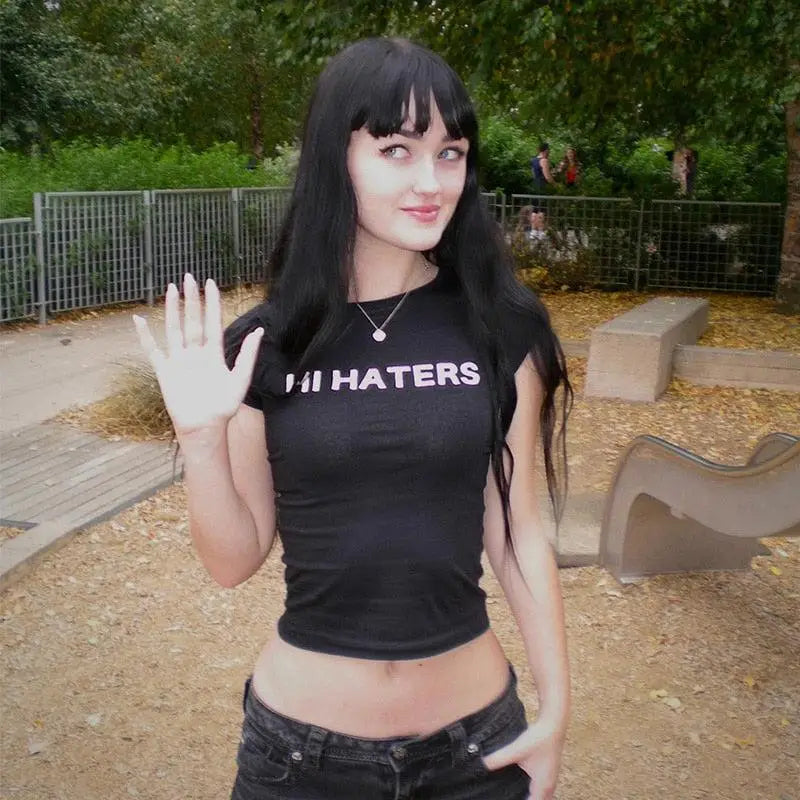 Hi and bye haters crew neck crop top for y2k style - black / s