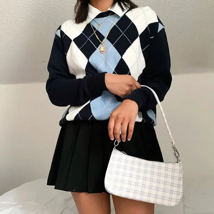 High school argyle jumper - free size / blue - sweaters