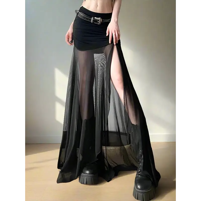 High waist mesh black maxi skirt