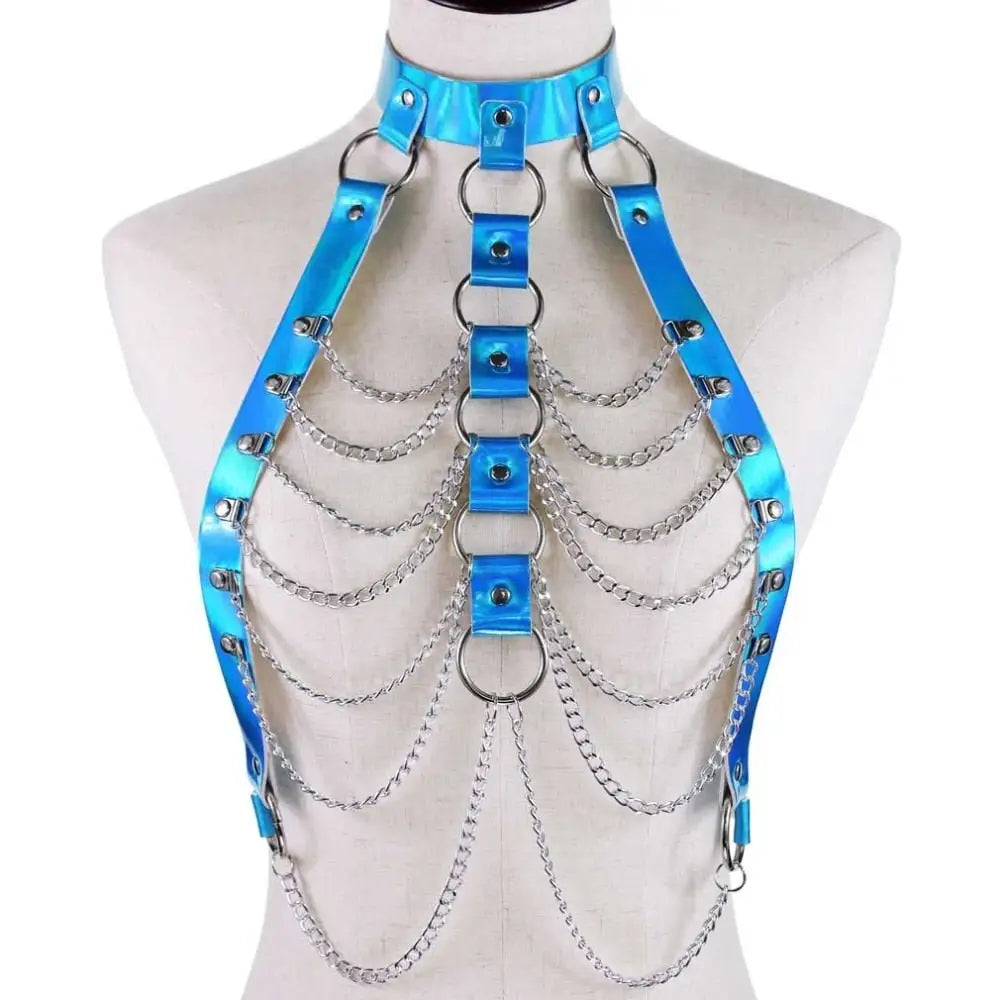 Holographic body chain harness for rave and edm events - blue - jewelry