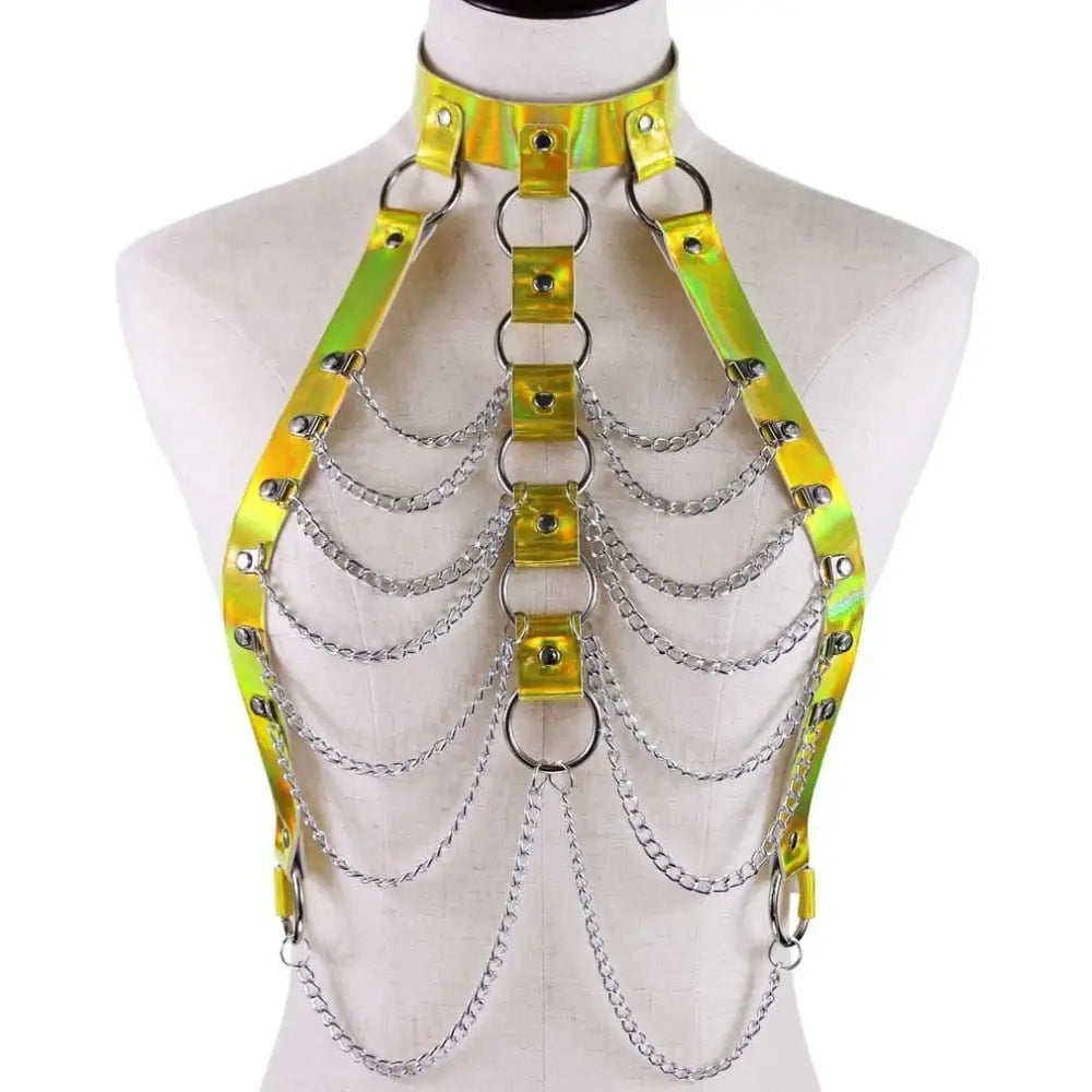 Holographic body chain harness for rave and edm events - gold - jewelry