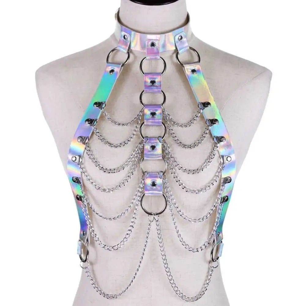 Holographic body chain harness for rave and edm events - jewelry