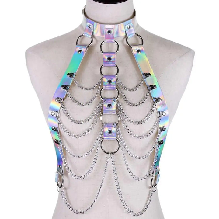 Holographic body chain harness for rave and edm events - silver - jewelry