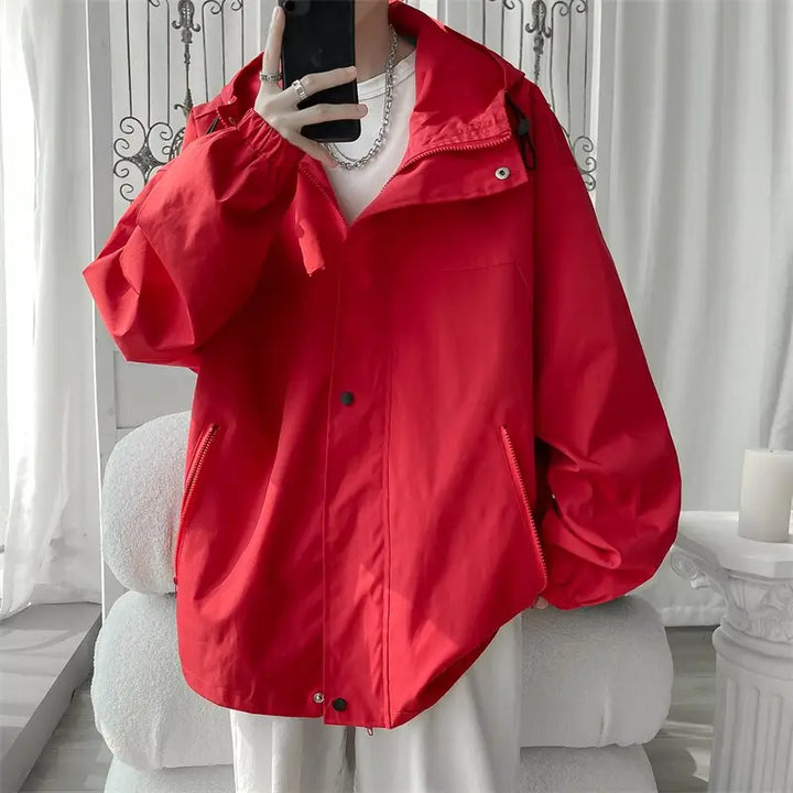 Hooded windbreaker loose jacket y2k - red / m - jackets