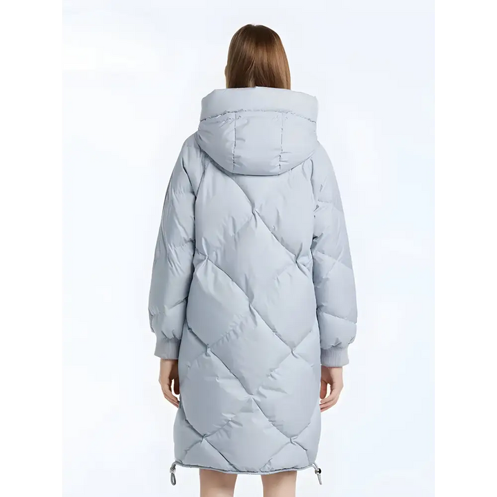 Women’s high neck puffer coat with double zip fastening for winter warmth