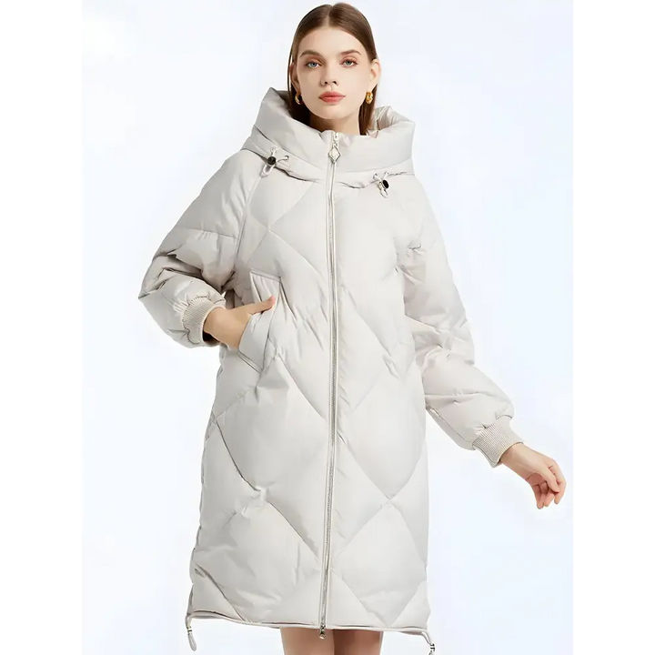 Hooded zip-up long puffer coat - beige / s